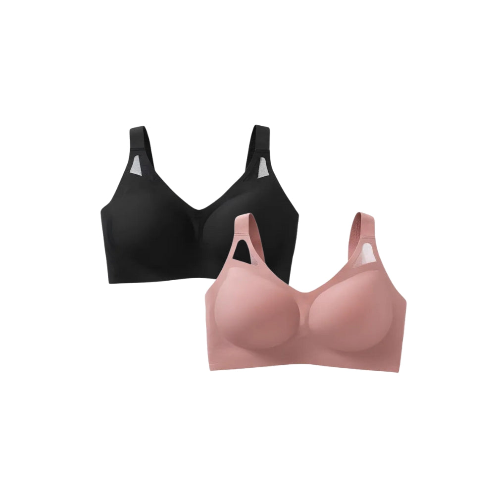 Conjunto de sostenes sin costuras negro y rosado, confortáveis y con tecnología Cygel para sustentação superior.