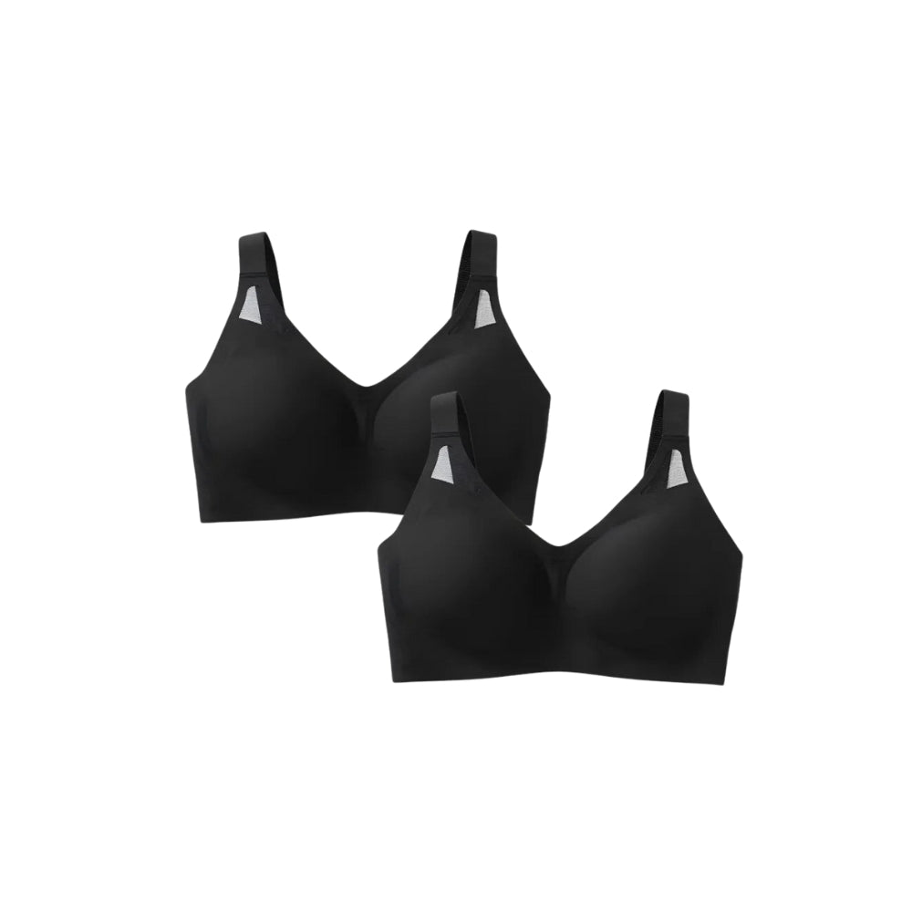 Conjunto de sostenes pretos sin costuras, oferecendo comodidad y sustentação, ideal para lencería feminina.