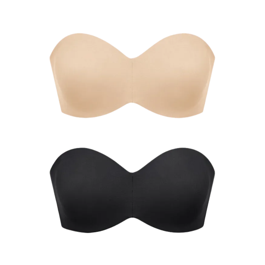 Modelo vestindo o sostén strapless LOOK da Cygnuss beige y negro