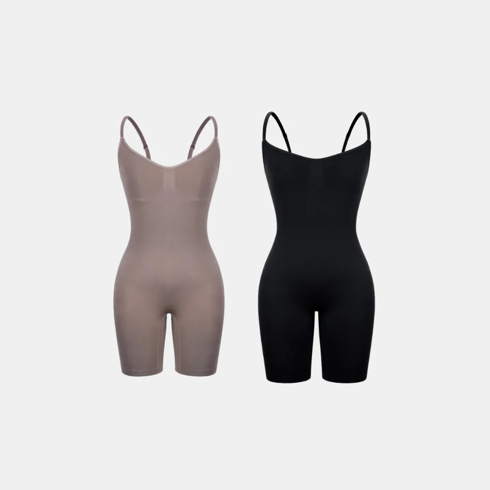 Imagem dupla do Body Elegance moldeador nas color preta y beige, con tirantes finas y moldeado cómodo para o corpo, proporcionando um visual elegante y discreto sob roupas.