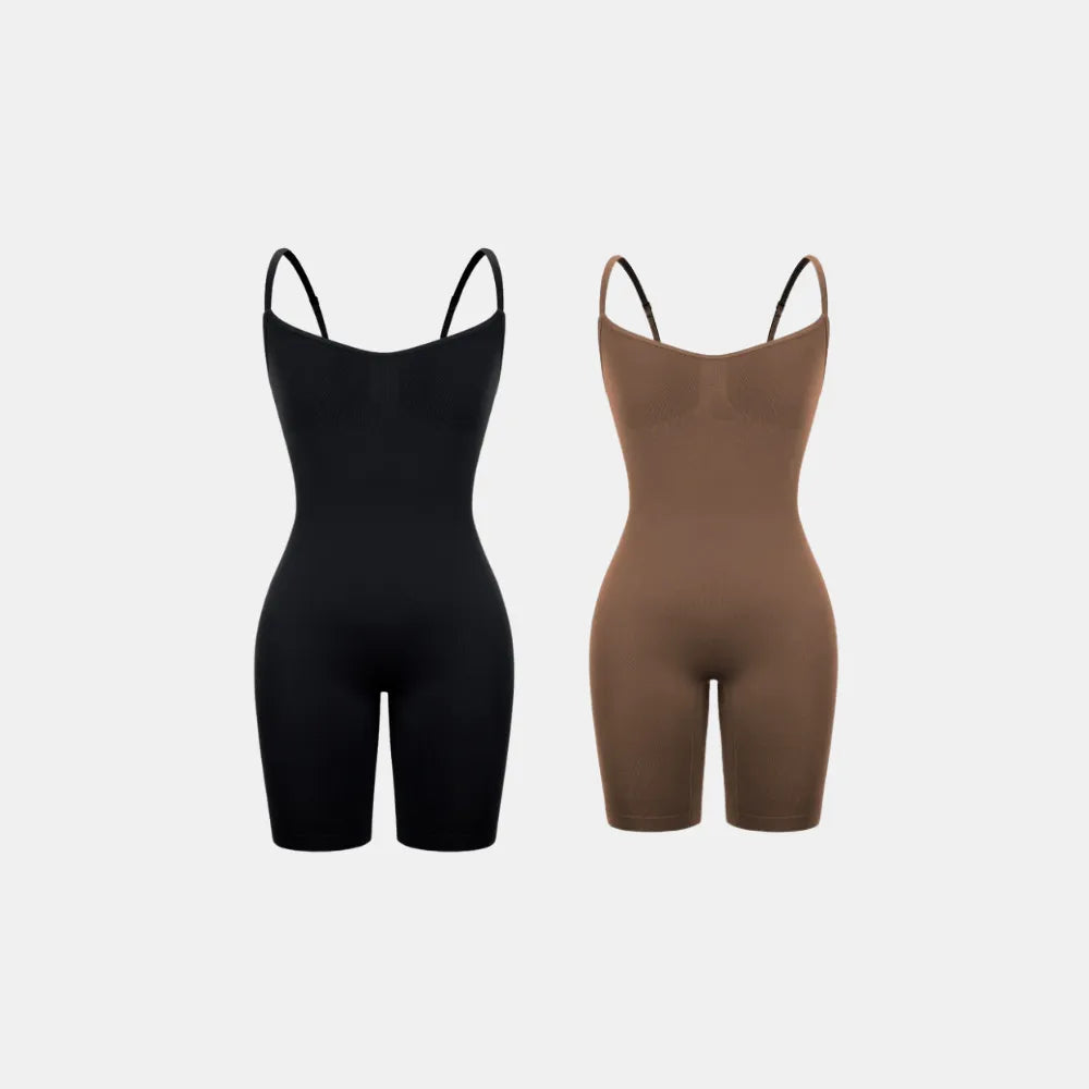 Imagem dupla do Body Elegance moldeador em negro y marrón, destacando sua moldeado cómodo y elegante, con tirantes finas y design perfeito para o contorno do corpo.