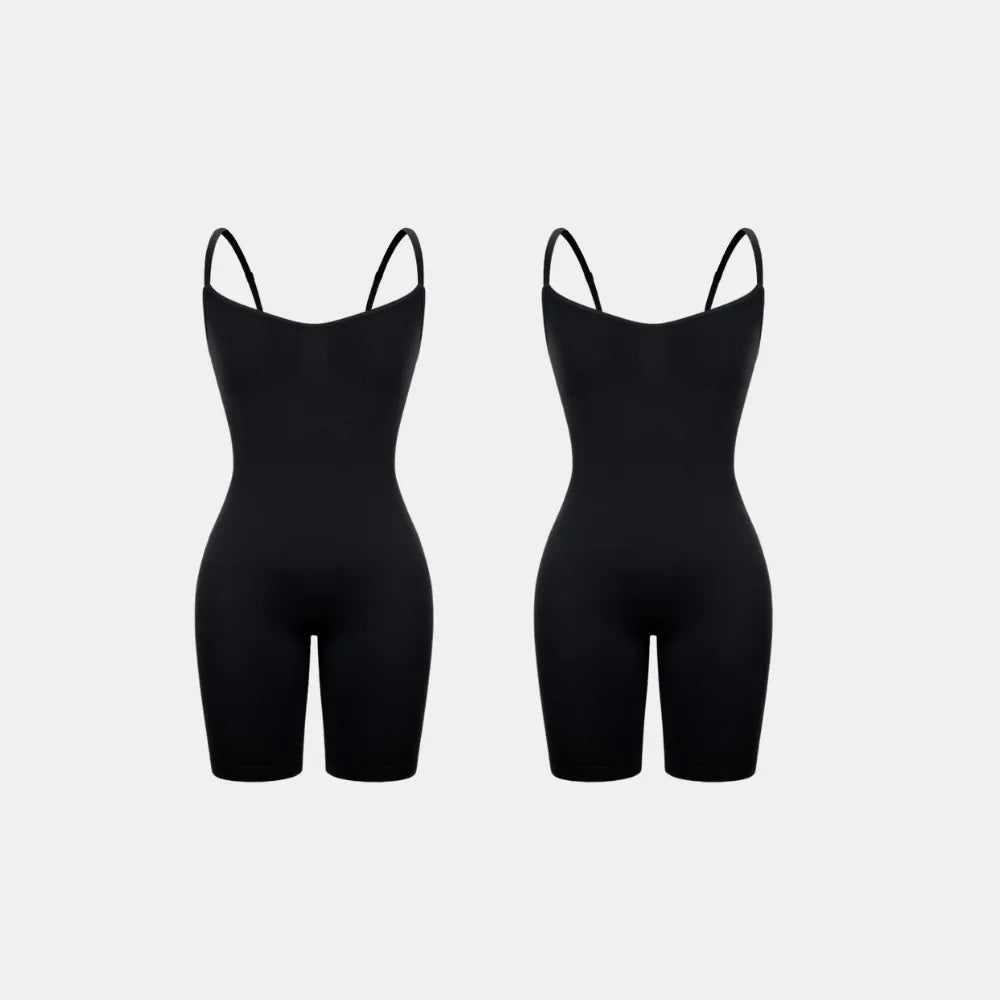Imagem dupla do Body Elegance moldeador negro, con tirantes finas y design que moldea o corpo, disponível em dois talla, proporcionando comodidad y elegância.