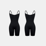 Imagem dupla do Body Elegance moldeador negro, con tirantes finas y design que moldea o corpo, disponível em dois talla, proporcionando comodidad y elegância.
