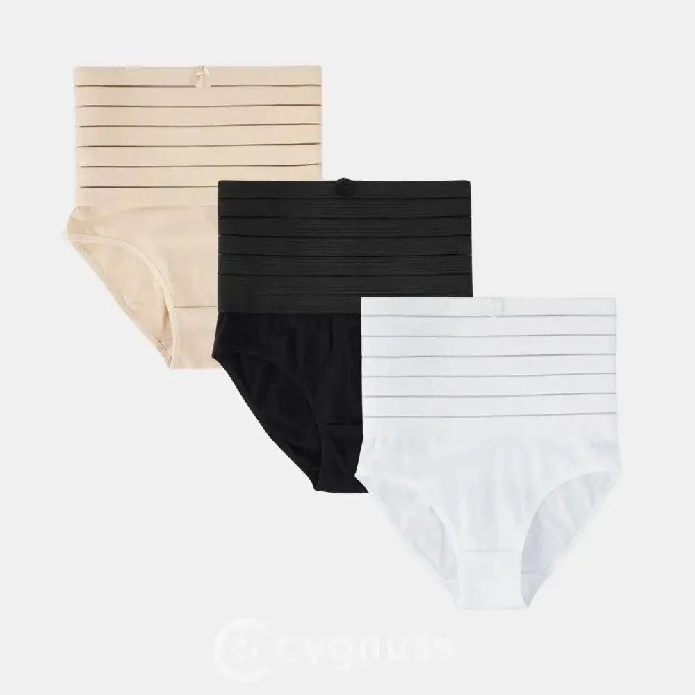 Imagem de um conjunto de calzones modeladoras con efeito de compresión. As peças são exibidas em três color: beige, negro y blanco. Cada calzón é equipada con faixas de elástico de compresión que ajudam a moldear a região abdominal y proporcionar um contorno mais definido.