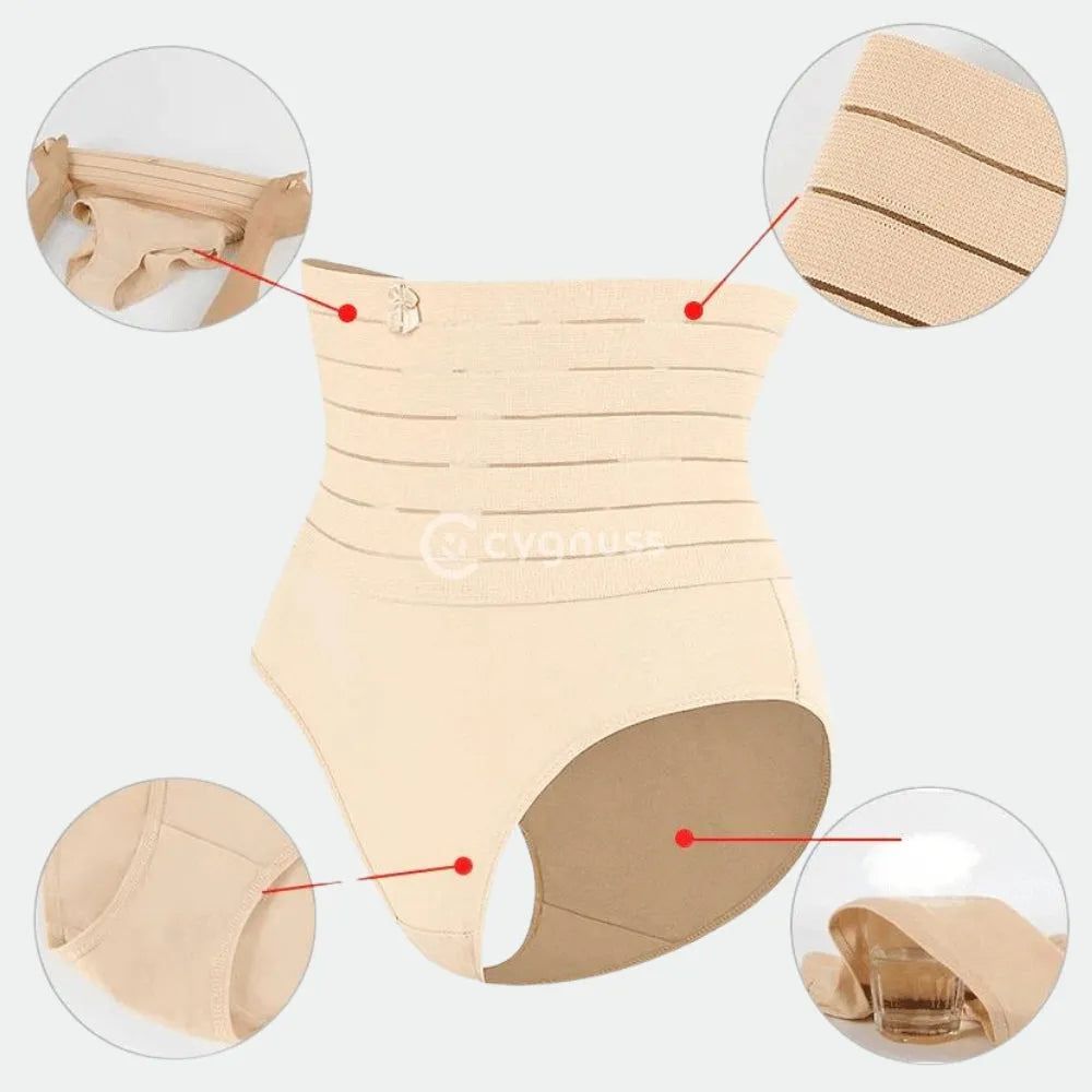 Imagem de uma calzón moldeador tanga con faja moldeadora que proporciona efeito de compresión na região abdominal. A peça apresenta detalhes de moldeado, incluindo a faixa de elástico que envolve a cintura y os pontos estratégicos de compresión. Ideal para proporcionar uma silhueta