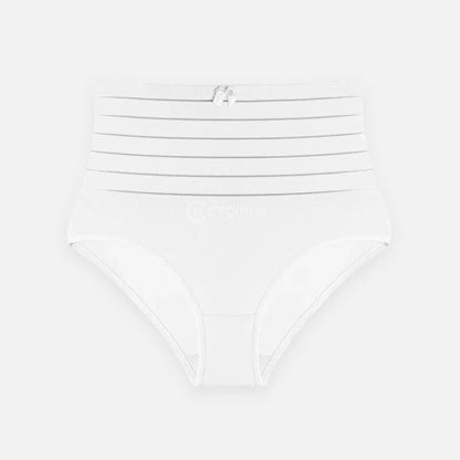 Imagem de uma calzón moldeador branca con faixas de elástico de compresión na região abdominal. A peça possui modelo alto y é projetada para fornecer soporte y moldeado para a cintura, con o logo da Cygnuss visível na parte frontal.