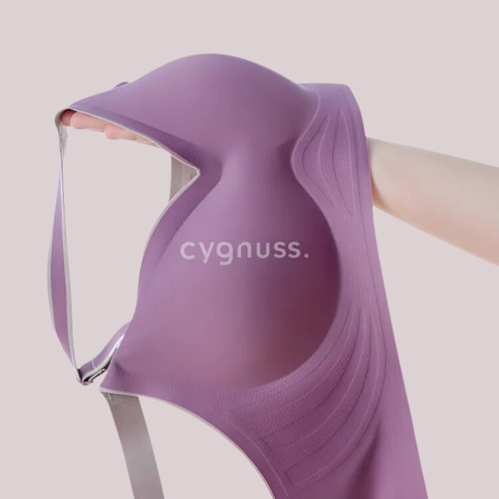 sostén Cygnuss con Cygel ajustáveis y cierre removible, mostrando a versatilidade do produto, em color gris y roxo.